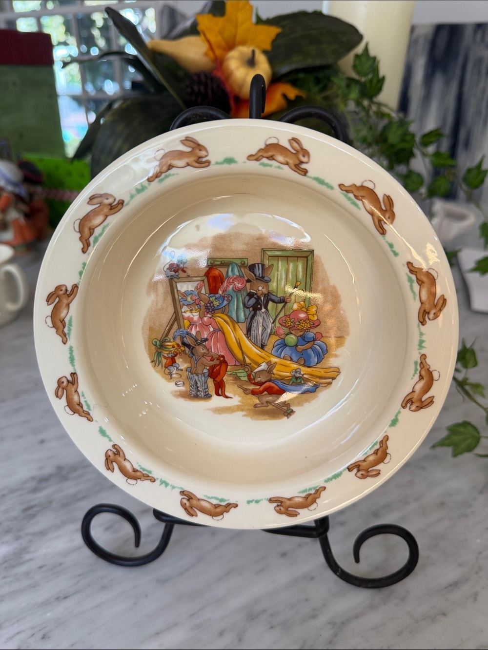 Children's Cream Ceramic Bowl with Bunny Border and Storybook Scene
